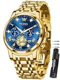 OLEVS Gold Watches for Men Blue Face Luxury Men's Gold Watch Stainless Steel Big Face Casual Mens Dress Watch with Diamond Quartz Chronograph Waterproof Relojes para Hombres