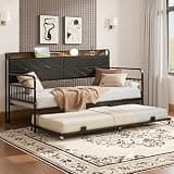 VECELO Daybed with Trundle, Sturdy Metal Twin Day Bed Frame with Upholstered Storage Headboard and Charging Station for Living Room, Bedroom and Guest Room, Black