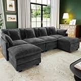 107" Cloud Couch Sectional, U Shaped Modular Sectional Sofa, 4-Seat Deep Seat Couch with 6 Removable Washable Pillows and 2 Ottoman for Living Room, Bedroom, Apartment, Black Grey