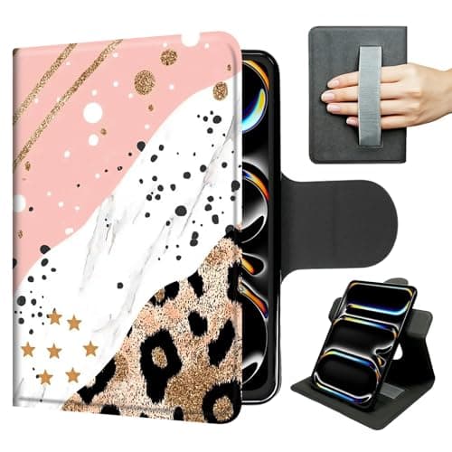 PU Leather Case for iPad Pro 13 Inch M6/M5/M4(2026/2025/2024) – Slim 360° Rotating Stand with Hand Strap, Auto Sleep/Wake, Magnetic Closure,Leopard Print with Gold Trim