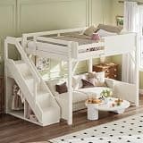 DNYN Solid Wood Loft Bed with Built-in Wardrobe and Stairway for Teens/Adults Bedroom, Space-Saving Full Size Wooden Bed Frame with Bedside Shelf, No Box Spring Needed & Easy Assemble
