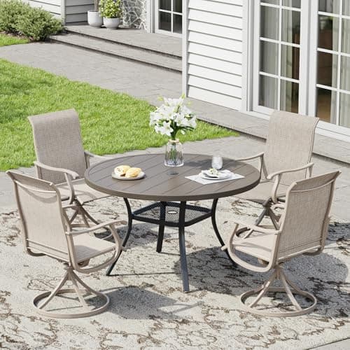VOXBIN 5 Pieces Patio Furniture Dining Set, 4 Textilene Swivel Dining Chairs, 41" Outdoor Round Metal Table with Storage Shelf and 1.57" Umbrella Hole, Outdoor Dining Set for Porch, Lawn, Grey/Sand