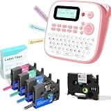 EazeID Pink Label Maker Machine with 5PK Color Tapes, Handheld Electric Label Maker with Keyboard, D210S Easy Labeler with Multiple Fonts Frame Barcode for Home Office School Supplies