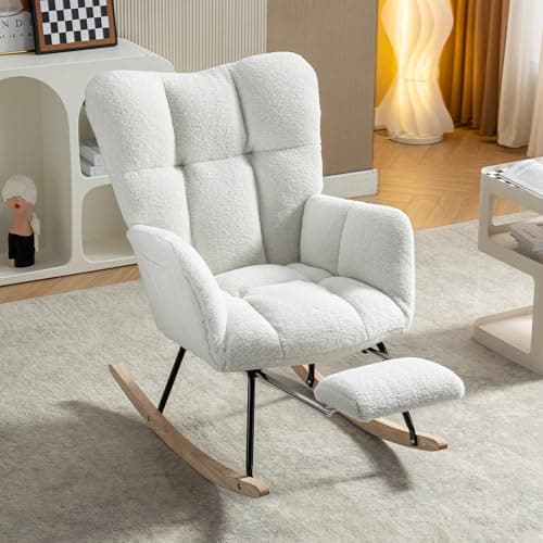 PlushNest Teddy Fabric 15° Rocking Leisure Chair with Adjustable Footrest & Right Side Storage Pocket High Backrest Nursery Rocking Chair Solid Wood & Metal Base Rocker with Floor Protection Ivory
