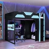 QVUUOU Full Size Wood Loft Bed with Desk, Multi-Shelves, USB and RGB Light, Cloud Blue