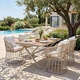 Hassyee Outdoor Dining Set with Rectangular Teak Wood Table + Wicker Chairs for Poolside, Garden, Lawn, Patio Furniture Set with Soft Cushions and Steel Frame for Deck (5 PCS Set)