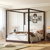 Merax Modern Queen Canopy Bed Frame with Upholstered Headboard, Wood 4 Poster Platform Bed, No Box Spring Needed, Contemporary Bedroom Furniture, Espresso Frame with White Linen Fabric