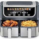Simple Deluxe 9.5-Qt Dual Basket Air Fryer, 10-in-1 Digital Preset 1700W Airfryer, Sync Cook, Independent Temp Control, Shake Reminder, Nonstick Basket, Grey
