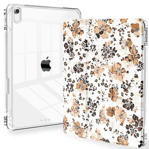 Feams Case for iPad (A16) 11th Generation 11 Inch 2025, iPad 10th Generation 10.9 Inch 2022, Slim Tri-Fold Stand Clear Back Cover with Pencil Holder & Auto Sleep, Leopard Print Floral