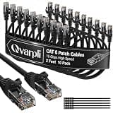 Cat6 Ethernet Cables (2 FT, 10 Pack), Pure Copper Cat 6 Patch Cable, High Speed 10Gbps, Short Cat 6 Data Center Cord, Snagless RJ45 Internet Network Cable, Router, Server, Switch, 25 Zip Ties, Black