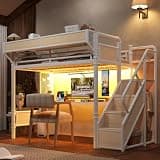 KEIKI Twin XL Size Metal Loft Bed Frame with Staircase & Built-in Desk & Wardrobe, Loft Bed with Pegboard & Mesh Storage Baskets & Slats, No Box Spring Required, Easy Assembly, for Bedroom, White