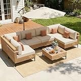 ABCASA Patio Furniture Set, 110" Large 7-Piece Wicker Outdoor Patio Furniture Sets with Anti-Slip Cushions & Coffee Table,Boho Patio Conversation Set Sectional Sofa for Backyard,Porch,Beige