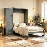 SOFTSEA Full Murphy Bed with Storage Cabinet, Foldable Space-Saving Wood Wall Bed Frame with Wardrobe and 3 Drawers, Hidden Murphy Bed Cabinet for Guest Room, Bedroom, Grey