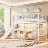 Merax Full Size Kids Loft Bed with Slide and Storage Staircase and Light for Kidsroom or Bedroom, Solid Wood Loft Bed with Under Bed Play Space and Slats Support, No Box Spring Needed, Walnut