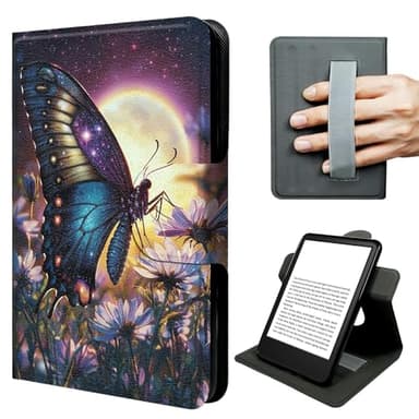 JNFBWULO Case for Fire HD 8 & Fire HD 8 Plus Tablet (12th Gen 2024/2022 & 10th Gen 2020), 360° Rotating Stand with Hand Strap, Auto Sleep Wake Shockproof Folio – Moon Butterfly