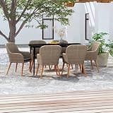 KLGBNCVE 7 Piece Patio Dining Set with Cushions Brown, Glass Top Dining Table Set, Brown Rattan with Powder-Coated Steel Frame and Water-Proof PE Rattan
