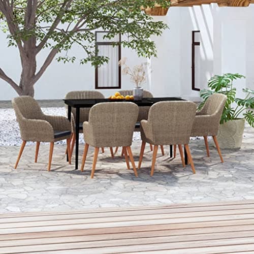 Faucqir Brown Poly Rattan Garden Dining Set with Black Glass Table, Rectangular 55.1 Inch Outdoor Patio Furniture for 6 People, Weather-Resistant Cushions, Steel Frame for Backyard, Porch, Deck