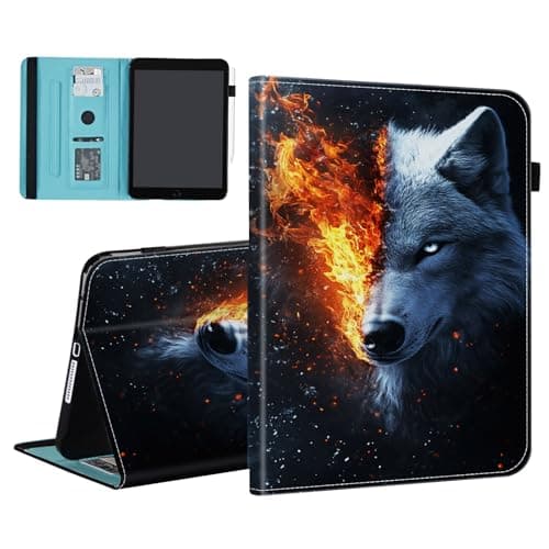 BFUKVOU Case for iPad Air 13 Inch M3/M2 (2025/2024) & iPad Pro 12.9 Inch 6th/5th/4th/3rd Gen 2022/2021/2020/2018,Card Slot PU Leather TPU Case Pen Holder Auto Wake Sleep,Wolf in The Fire