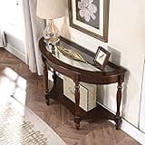 PADMA HOUSE Traditional Solid Wood Semi-Circle Sofa Table with Tempered Glass Top for Living Room, Cherry Walnut
