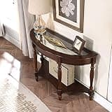 PADMA HOUSE Traditional Solid Wood Semi-Circle Sofa Table with Tempered Glass Top for Living Room, Cherry Walnut