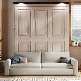 MERITLINE Queen Murphy Bed with Couch and LED Lighting,Solid Wood Folding Murphy Wall Bed Cabinet with Sofa