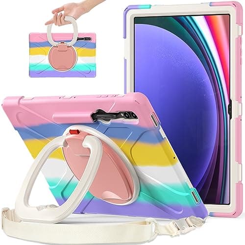 Juaupepo Rugged Case for Samsung Galaxy Tab S9 Ultra/S8 Ultra 14.6"(2023/2022), 360 Degree Swivel Kickstand Heavy Duty Bumper Protective Shockproof Kids Cover with Shoulder Strap (Dazzle Pink)