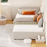 Garvee Twin Daybed with Extended Headboard, Corner Bed Frame with Bed Rails, Velvet Upholstered Sofa Bed with Guardrail for Bedroom, Guest Room,Adjustable Installation, Beige