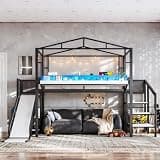 URTR Loft Bed with Storage Stairs, Shelves and Built-in Wardrobe,Black:Twin