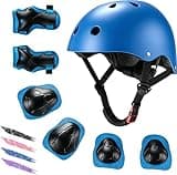 Kids Bike Helmet for Ages 2-14, Adjustable Safety Toddler Helmet with Protective Gear Set, Skateboard Scooter Helmets with Knee Elbow Pads Wrist Guards (Blue, Small(for Ages 2-8))