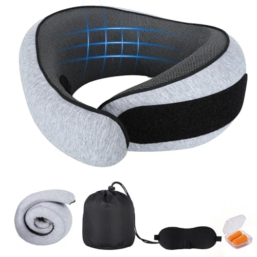 fukewun Travel Neck Pillow | 360° Support and Adjustable Design, 100% Pure Memory Foam | Includes Eye Mask and Earplugs | Perfect Choice for Sleep, Flight, and Self-Driving Travel (Light Grey)
