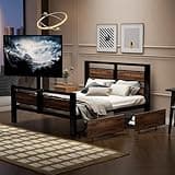 Twin Size Metal Platform Bed with MDF Headboard and Footboard,Two Storage Drawers and Rotatable TV Stand,Black
