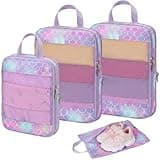 BrainyBees Kids Compression Packing Cubes, 4 Piece Set for Carry On Suitcase, Water Resistant Travel Luggage Organizers with Shoe Bag, Toddler Backpack Essentials (Purple Memarid)