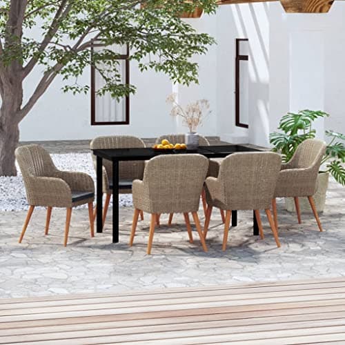 Faucqir 7 Piece Outdoor Patio Dining Set Brown and Black Synthetic Poly Rattan Rectangular Table with Six Cushioned Chairs for Garden Balcony Terrace Backyard Use