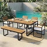 Fiorune 6-Piece Outdoor Patio Dining Set, Acacia Wood Dining Table with Chairs and Bench, Cushioned Patio Table Set with Steel Legs & Adjustable Feet for Backyard Garden Deck, Beige