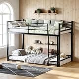 Abosbeet Twin Over Twin Affordable Metal Floor Bunk Bed, Low Profile Bunk Bed with Ladder and Safety Guardrails for Kids Teens Bedroom, No Box Spring Needed, Black