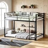 Abosbeet Twin Over Twin Affordable Metal Floor Bunk Bed, Low Profile Bunk Bed with Ladder and Safety Guardrails for Kids Teens Bedroom, No Box Spring Needed, Black