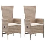 KHNLGFR Poly Rattan Reclining Armchair Set of 2 with Cushions, Waterproof PE Rattan Patio Chairs Beige, Powder-Coated Steel Frame Outdoor Armchair