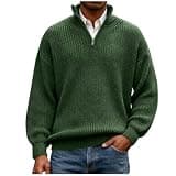 Mens Waffle Knit Quarter Zip Sweater Long Sleeve Stand Collar Loose Fit Shirt Fall Winter Comfy Casual Pullover Top Army Green