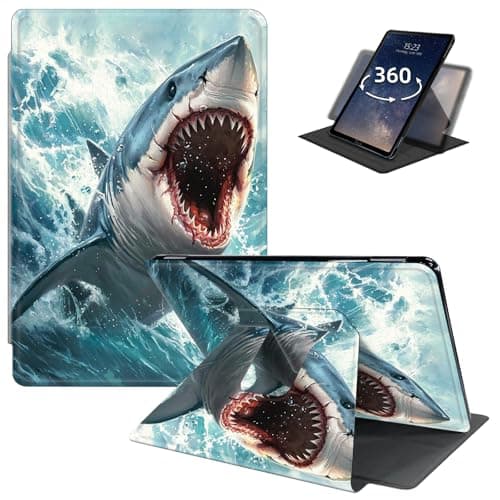 LYHXLYJH Case for 7" Kindle Paperwhite (12th Generation, 2024) & Kindle Colorsoft Signature Edition-360 Degree Rotating Smart Cover Case with Auto Sleep/Wake-Fierce Shark