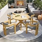 Hassyee 5-Piece Outdoor Acacia Wood Dining Set with Round Table for Dining Room, Solid Wood Patio Table with 4 Barrel Chairs with Cushioned Seats & Backs for Balcony, Backyard (Gray Set)