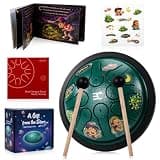 EX Steel Tongue Drum UFO Shape Design, Space Story Gift Set with Book & Stickers, 5.3 Inch 8 Notes Rain Drum for Outside Garden, Musical Instruments for Kids Adult Gift, Calming Drum, Green