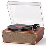 MANGOSTAN All-in-One Bluetooth Record Player with 4 Built-in Speakers, 3-Speed Belt-Drive Turntable (33/45/78 RPM), RCA Out, Headphone Jack, PC Recording, Auto Stop, Mahogany Wood