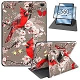 360° Rotating Case for Amazon Fire HD 10 Tablet (9th/7th/5th Gen, 2019/2017/2015 Release) 10.1", Premium PU Leather Multi-Angle Stand Shockproof Cover with Auto Wake/Sleep, Winter Red Birds