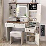 Farmhouse Makeup Vanity Desk with Sliding Mirror and Lights, 42 Wood Vanity Table Set with Glass Top, Power Outlets, Jewelry Storage Cabinet, 4 Drawers, Stool for Country Room Decor, Antique White