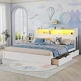 KEIKI King Size Wood Platform Bed Frame with Storage Headboard & Pull Out Storage Cabinet & 2 Drawers, Modern Bed with Solid Slats & Socket, No Box Spring Required, Easy Assembly, for Bedroom, White