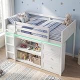 Giantex Loft Bed Twin Size with LED Lights, Solid Wood Kids Bed