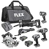 FLEX 24V Brushless Cordless 6-Tool Combo Kit: Hammer Drill, Hex Impact Driver, Circular Saw, Multi-Tool, Reciprocating Saw, Work Light with 2.5Ah, 5.0Ah Lithium Batteries and 160W Charger - FXM601-2B