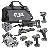 FLEX 24V Brushless Cordless 6-Tool Combo Kit: Hammer Drill, Hex Impact Driver, Circular Saw, Multi-Tool, Reciprocating Saw, Work Light with 2.5Ah, 5.0Ah Lithium Batteries and 160W Charger - FXM601-2B