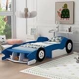 Merax Race Car Bed Frame Twin Size for Boys, Wood Car-Shaped Platform Bed with Wheels, Blue