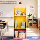 Pencil Bookshelf Wood 3 Tier Back to School Open Storage Bookshelf Cute Pencil Shaped Floor Standing Bookcase Storage Organizer Playful Bookshelves for Classroom Bedroom Home Office Nursery Decor